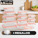 GlassAruba™ – Kit con 15 Potes Herméticos de Vidrio + 10 Vasos de Vidrio Aruba